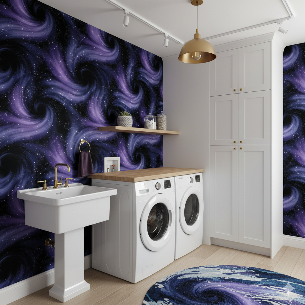 Eventide Spirals Wallpaper with purple and black cosmic nebula patterns on the wall.