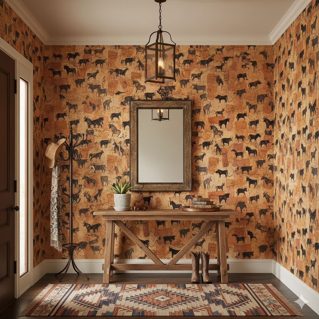 Cave Herd Wallpaper with a brown cattle pattern on faux cork background.
