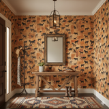 Cave Herd Wallpaper with a brown cattle pattern on faux cork background.
