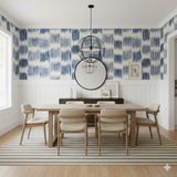 Indigo Vale wallpaper with blue brushstroke pattern on white background.
