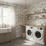Olive Glade wallpaper with a green leaf pattern, covering the walls of a laundry room.