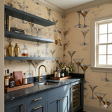 Apertif Blueprint Wallpaper with cocktail glass sketches, by Wallpaper Direct, in a tan and blue color palette, decorating a sophisticated wet bar.
