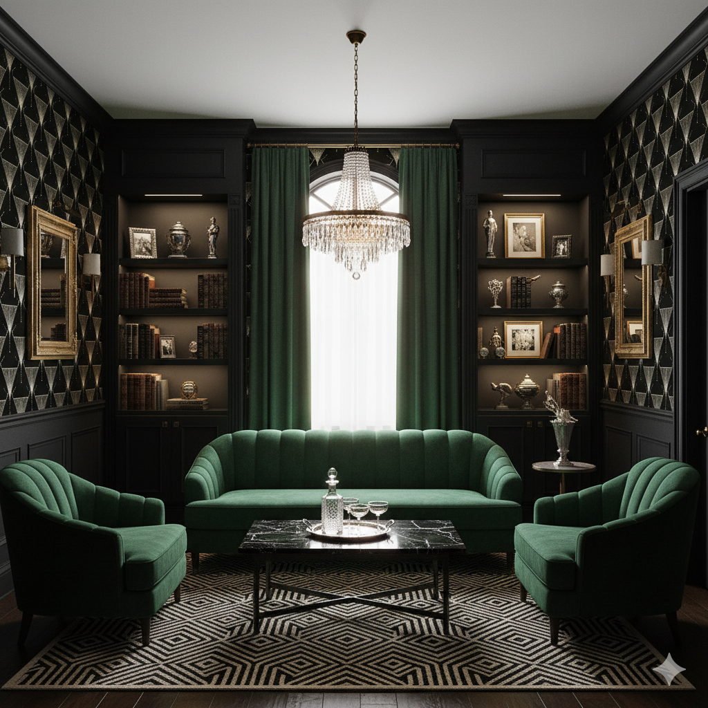 Deco Reverie wallpaper featuring a black and gold geometric pattern with art deco style triangles.