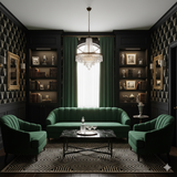 Deco Reverie wallpaper featuring a black and gold geometric pattern with art deco style triangles.
