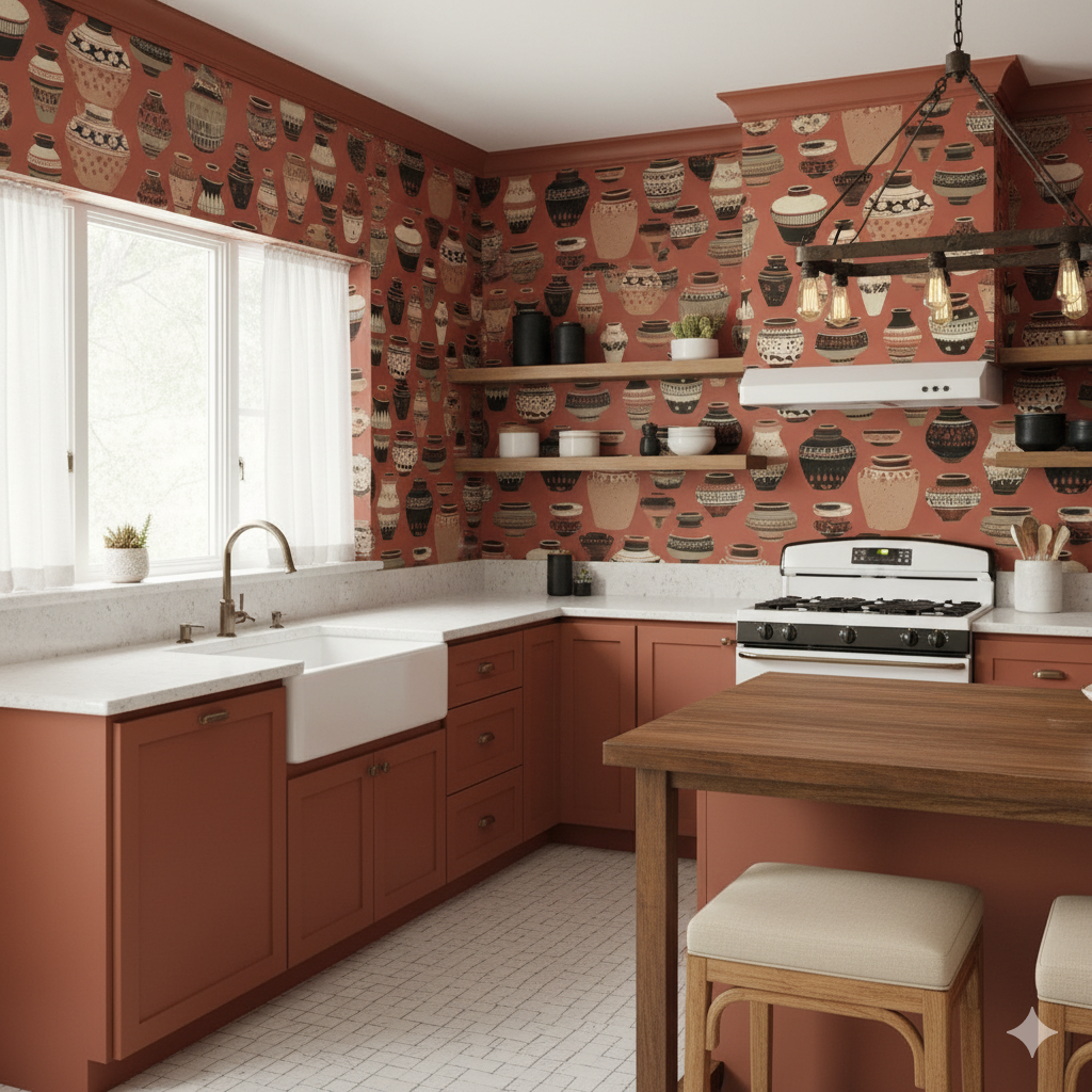Terra Museo Wallpaper with vase pattern on red background.