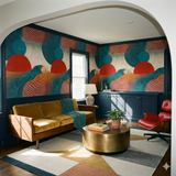 Mesa Drift Wallpaper with geometric pattern of circles and waves in red, blue and orange, styled in living room.
