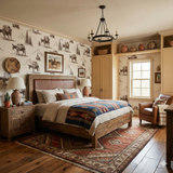 Burro Wayfinder Wallpaper with animal and mountain pattern on bedroom walls.