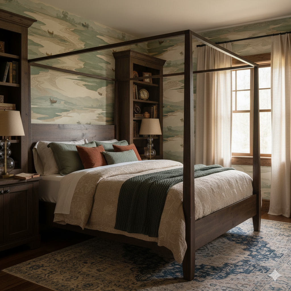Drifting Channels wallpaper with a landscape motif, featuring green, beige, and blue tones, and a river pattern.