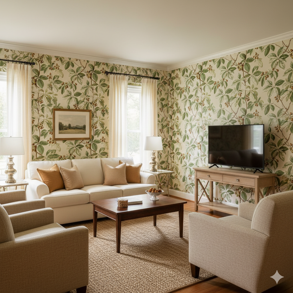 Botanical wallpaper with green leaf pattern on a beige background.