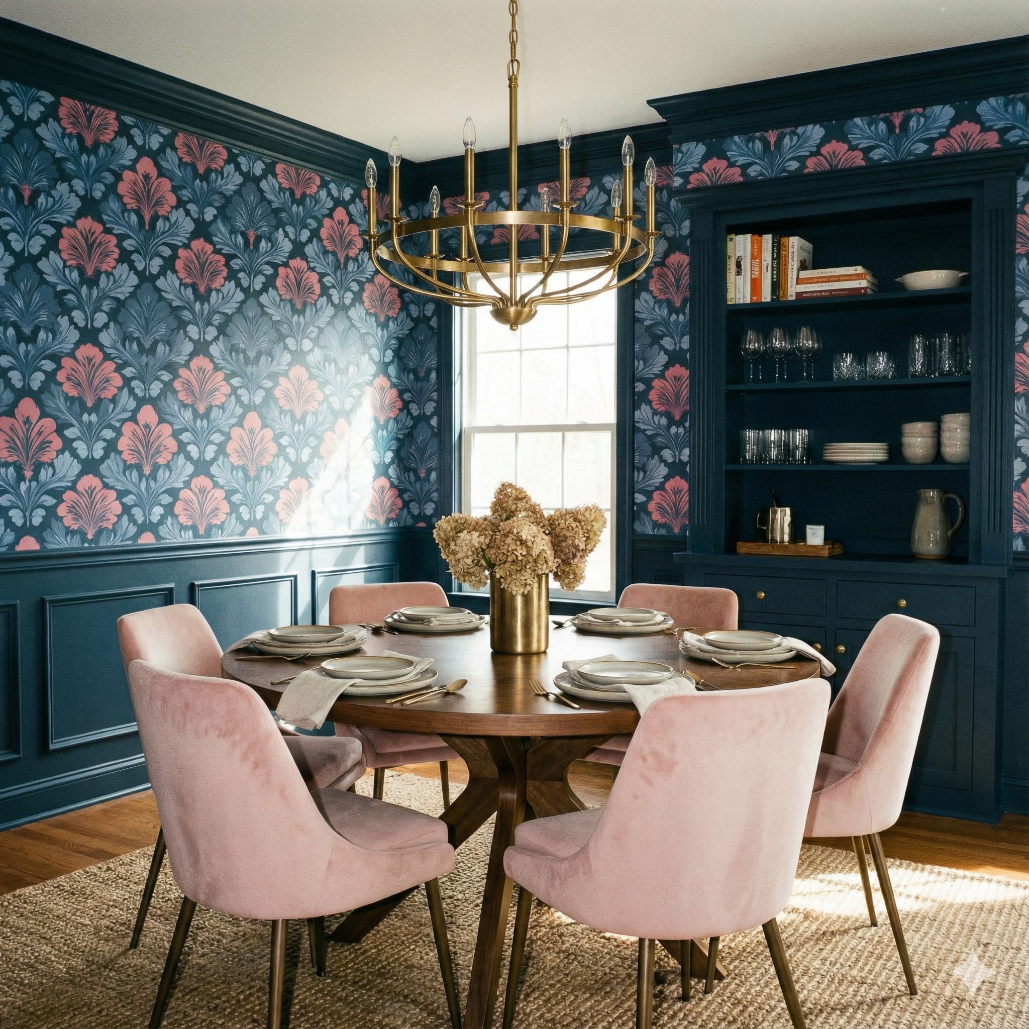 Dark floral wallpaper with stylized damask pattern in blue and pink.
