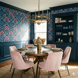 Dark floral wallpaper with stylized damask pattern in blue and pink.
