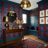 Neptune Nocturne Wallpaper with blue and red botanical stripe pattern.
