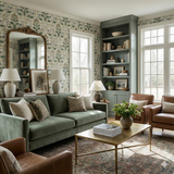 Patterned Greenbriar Conservatory Wallpaper with floral accents, covering the walls in a traditionally decorated living room.
