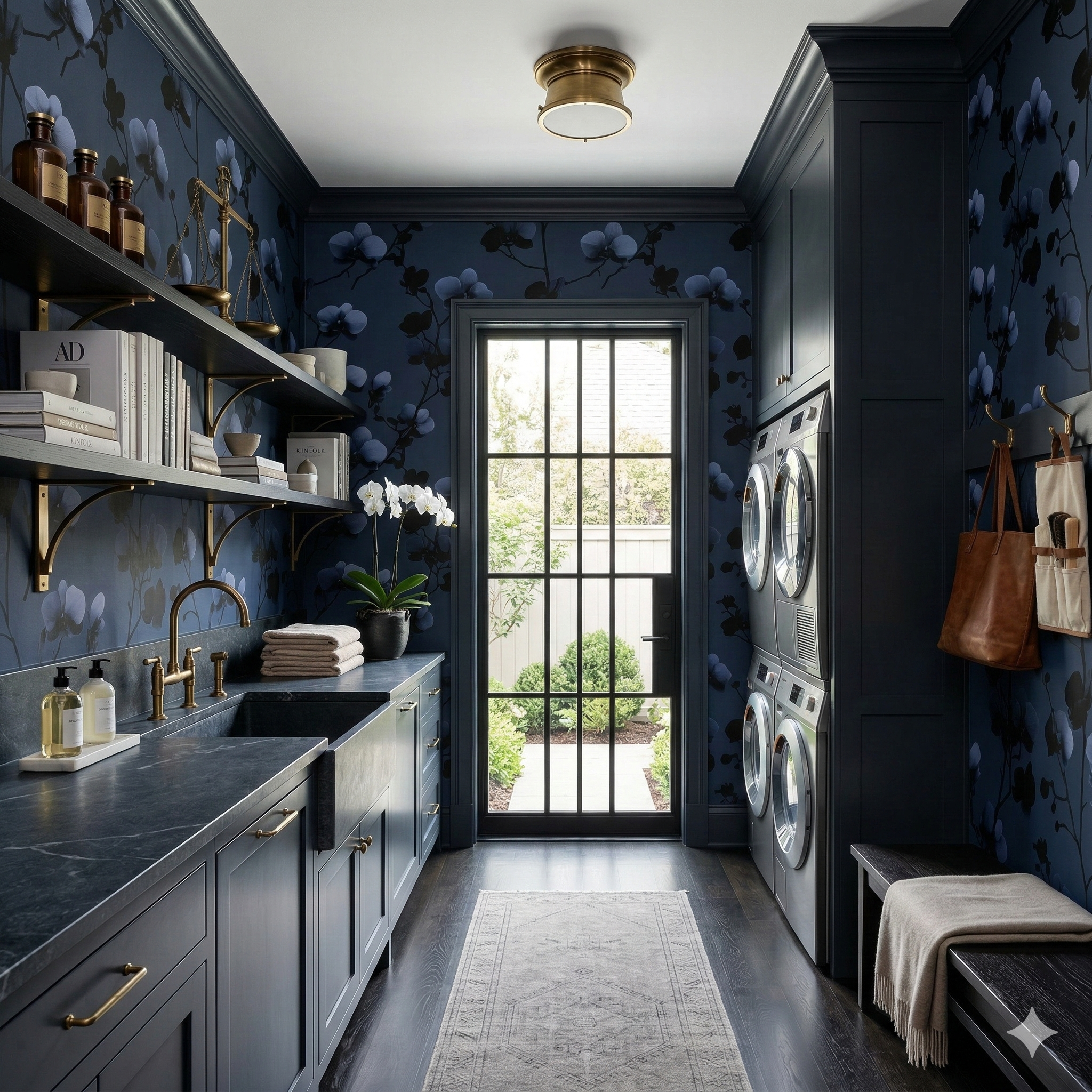 Floral pattern Moonlit Reverie Wallpaper from Anthropologie, featuring navy, blue, and black flowers on a dark blue background.

