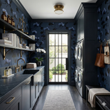 Floral pattern Moonlit Reverie Wallpaper from Anthropologie, featuring navy, blue, and black flowers on a dark blue background.
