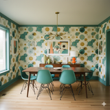 Decorative Orbitline Wallpaper with teal and gold retro pattern on white background.