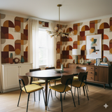 Geometric patterned Solara Wallpaper with orange, brown, and beige shapes.
