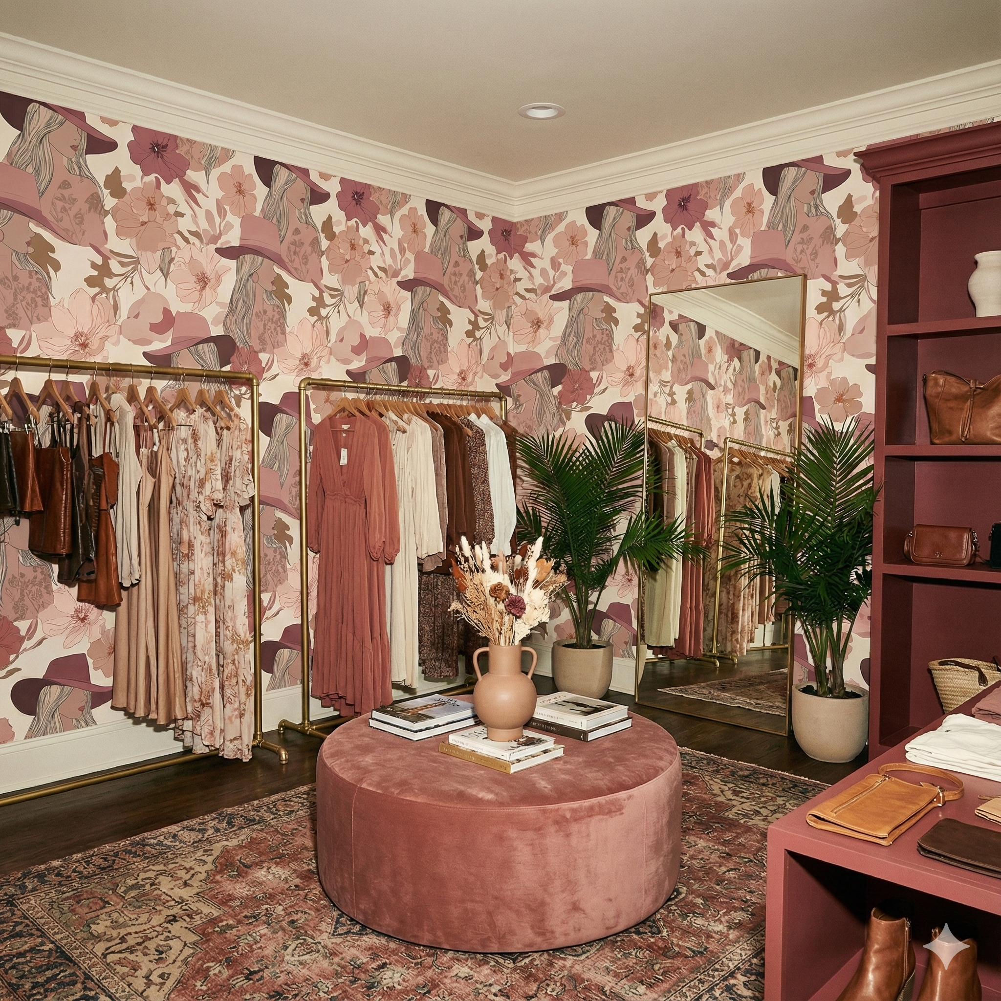 Floral wallpaper with woman design, no brand attribution, covering the walls of a stylish retail space.
