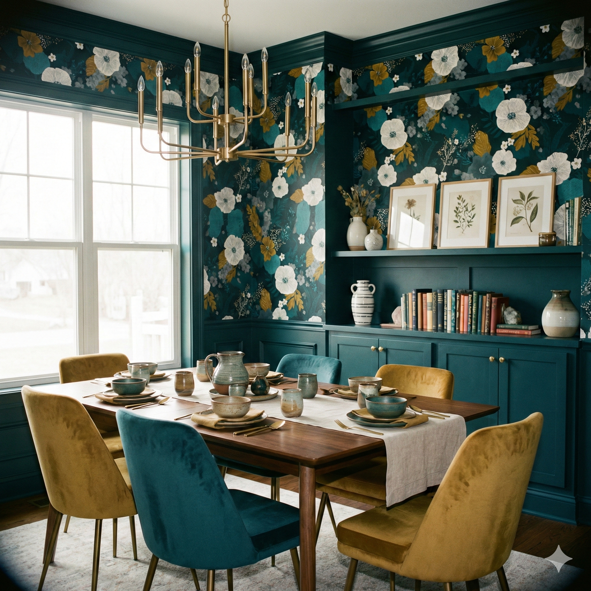 Floral Verdure Nightfall wallpaper with white poppy blooms on a teal background.
