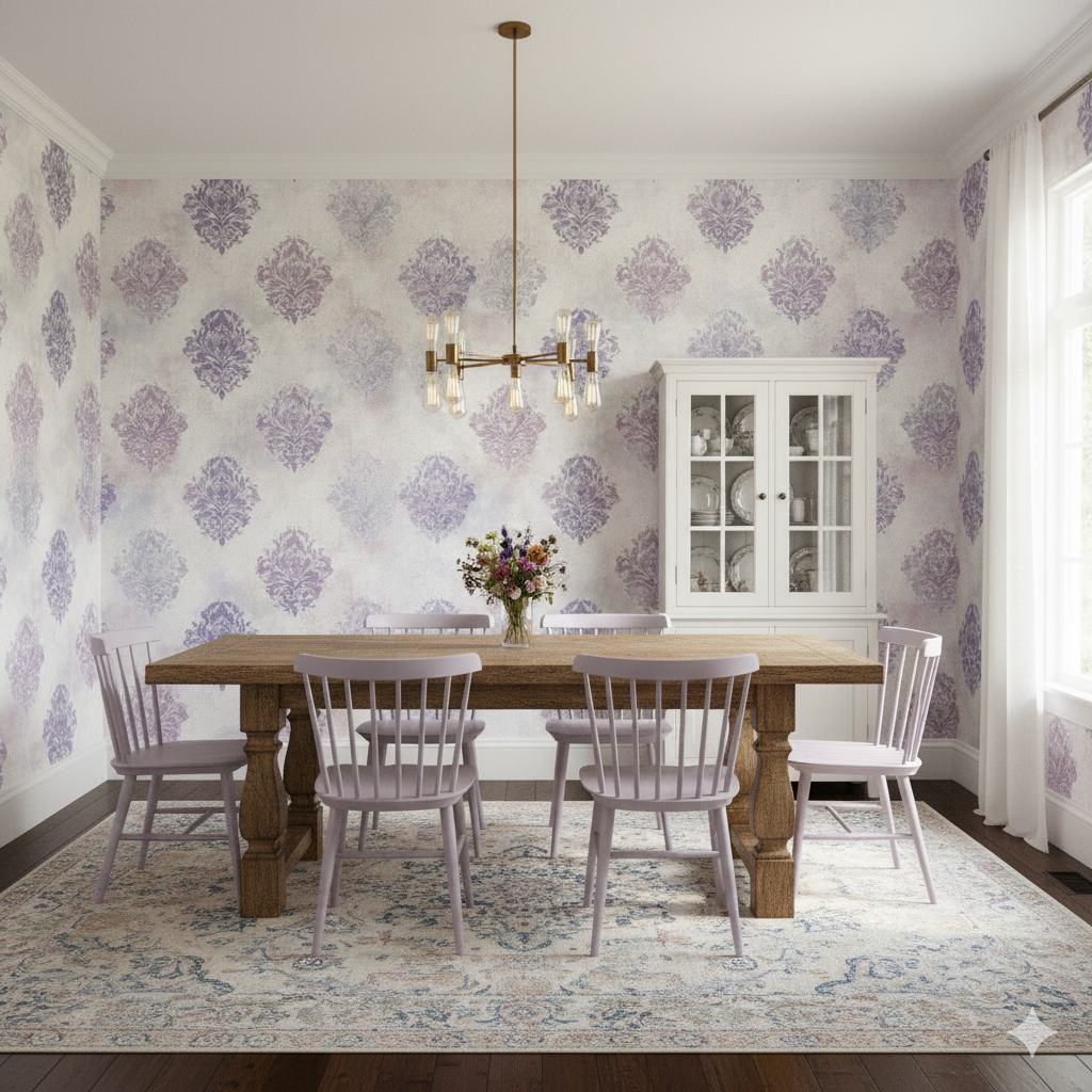 Lavender haze medallion wallpaper with subtle damask pattern and floral accents.