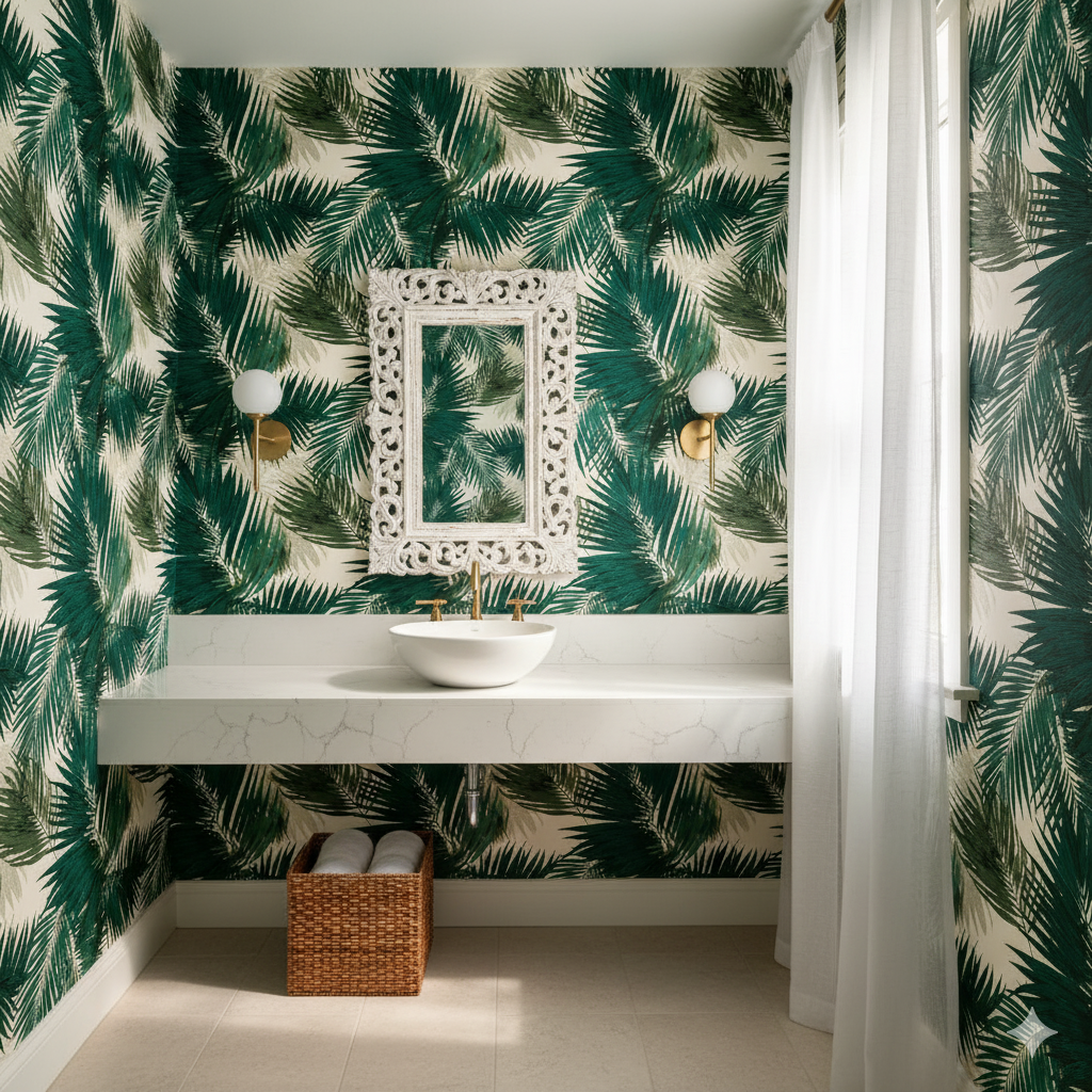 Emerald Canopy wallpaper with palm leaf pattern, green and white foliage.