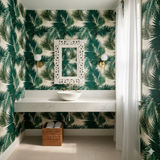 Emerald Canopy wallpaper with palm leaf pattern, green and white foliage.
