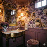 Patterned wallpaper with dog and floral design, featuring purple, cream, and gold tones.
