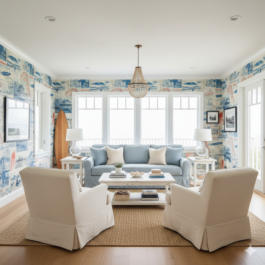 Shoreline Souvenir wallpaper with souvenir themed patterns, decorating a living room with a blue couch and white armchairs.