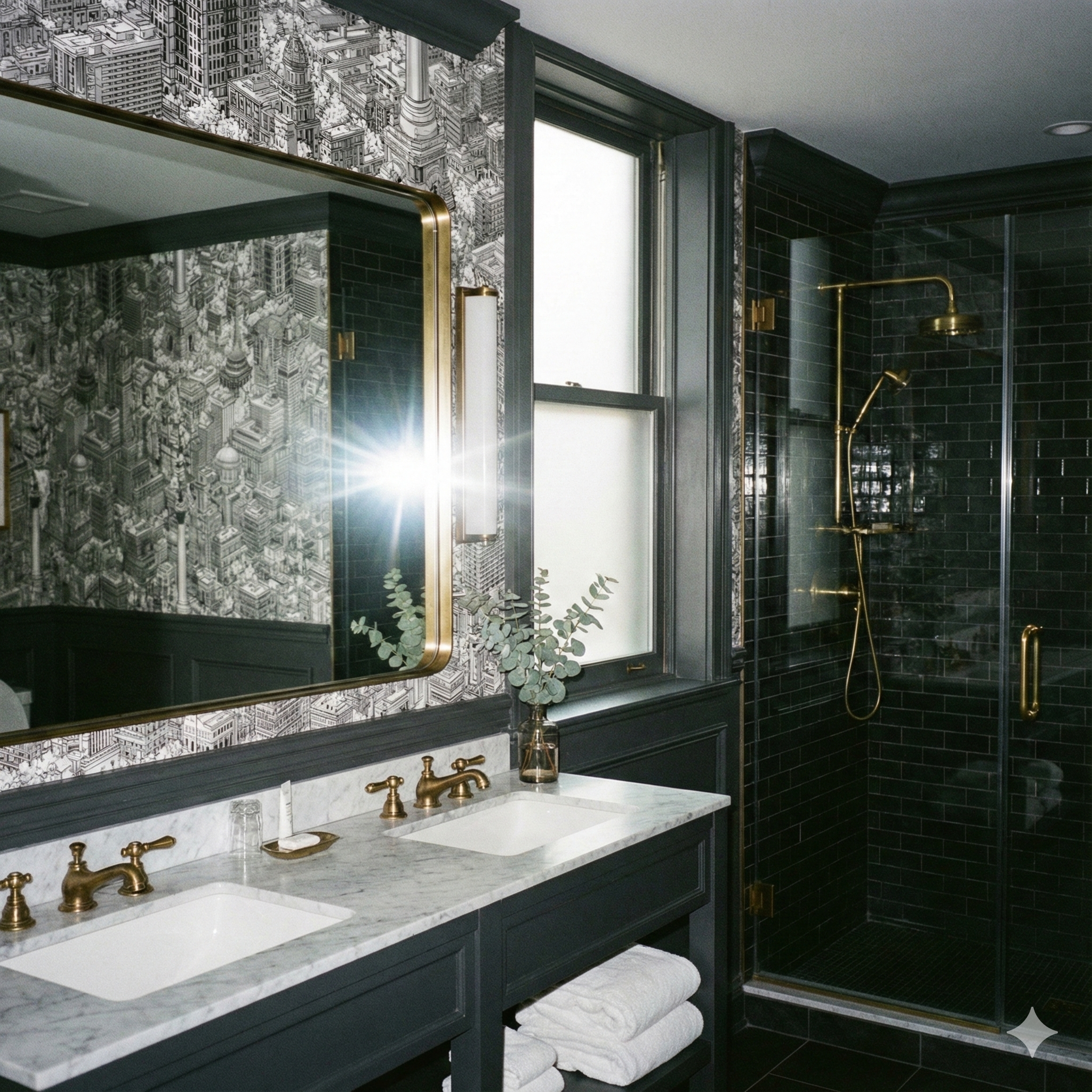 Capitol Square Cluster wallpaper featuring a city-building pattern, with gray tones and decorative elements, displayed in a bathroom.