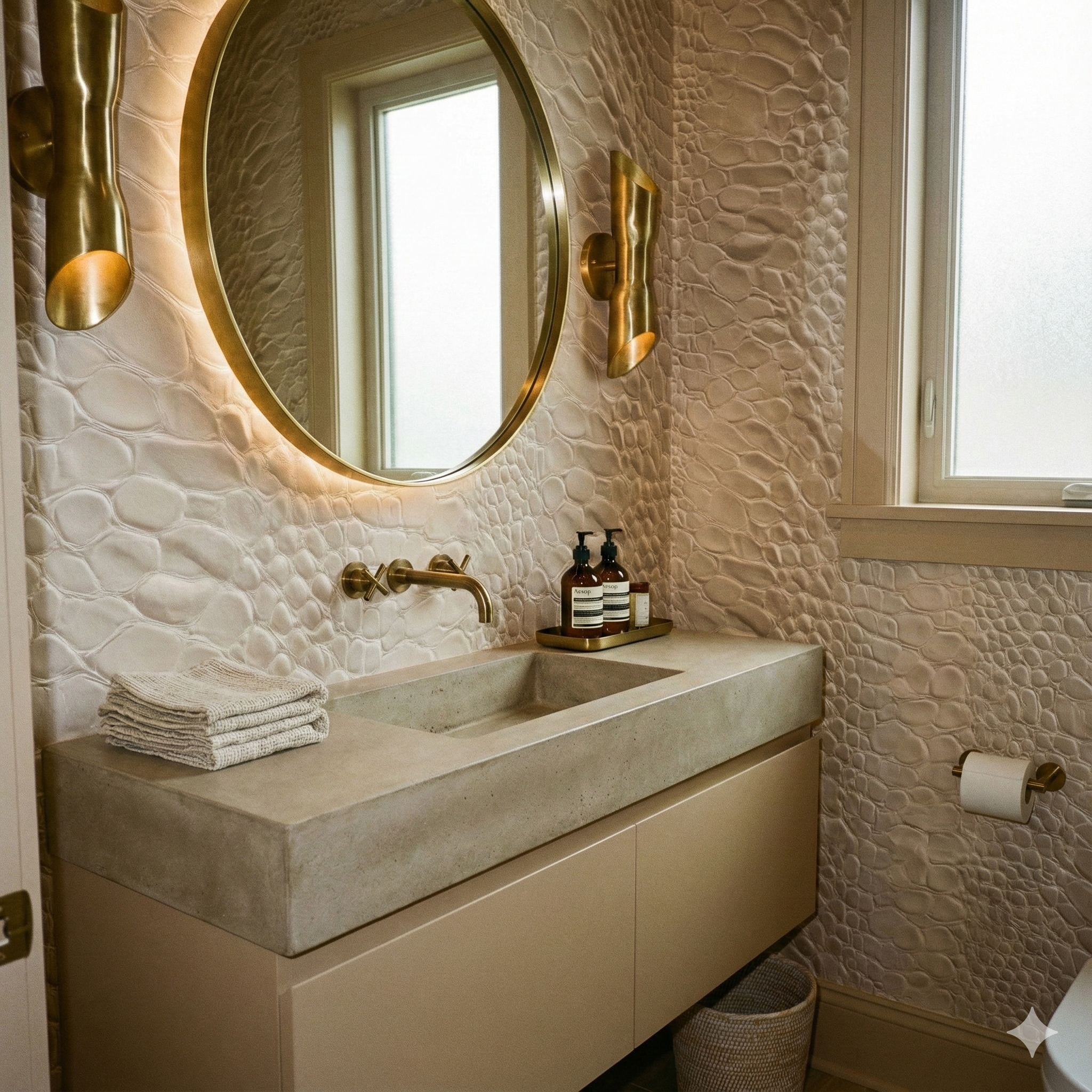 Sandstone hide wallpaper with an alligator-skin texture, visible in a bathroom setting next to a mirror, sink, and window.