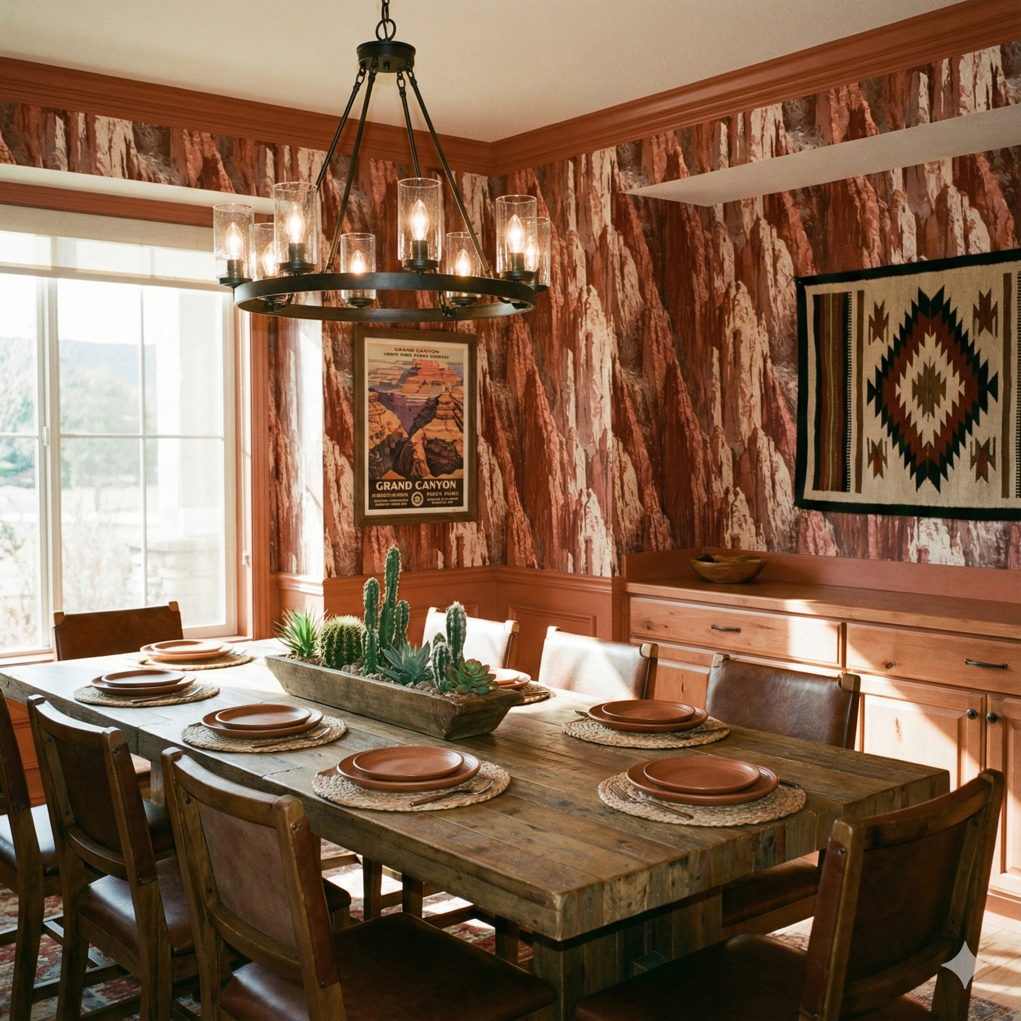 Red canyon wallpaper with brown and white rock patterns, decorating a dining room with southwest decor.