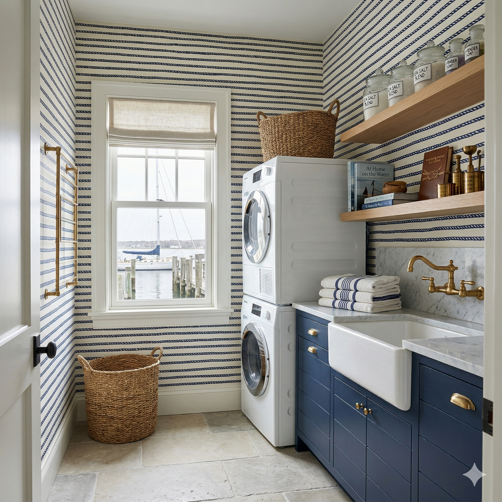 Nautical striped wallpaper with rope pattern from Seabrook Wallcoverings, shown in a laundry room setting.