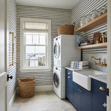 Nautical striped wallpaper with rope pattern from Seabrook Wallcoverings, shown in a laundry room setting.