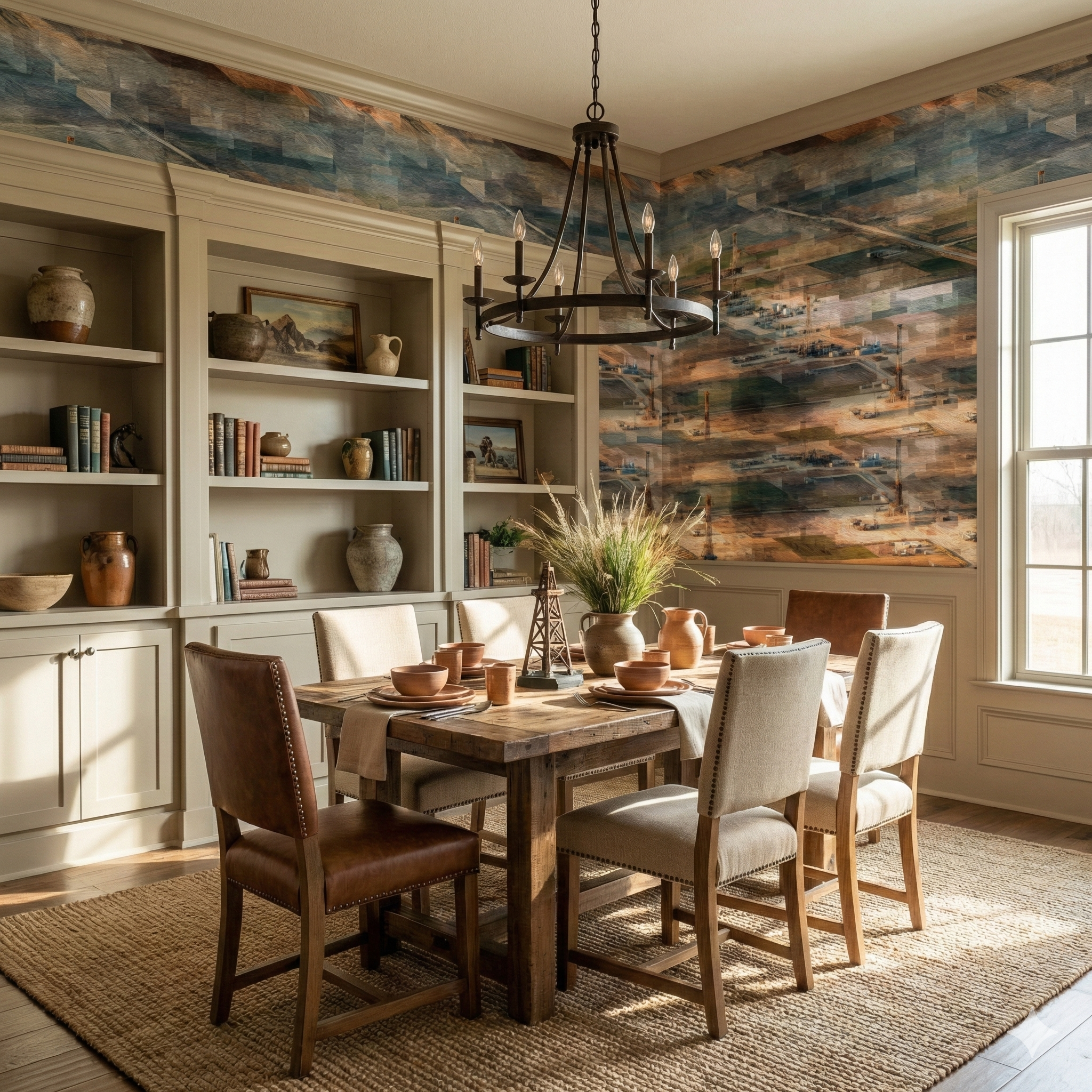 Permian Patchwork Wallpaper with an abstract aerial field pattern, showcasing blue, brown, and beige hues.