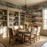 Permian Patchwork Wallpaper with an abstract aerial field pattern, showcasing blue, brown, and beige hues.
