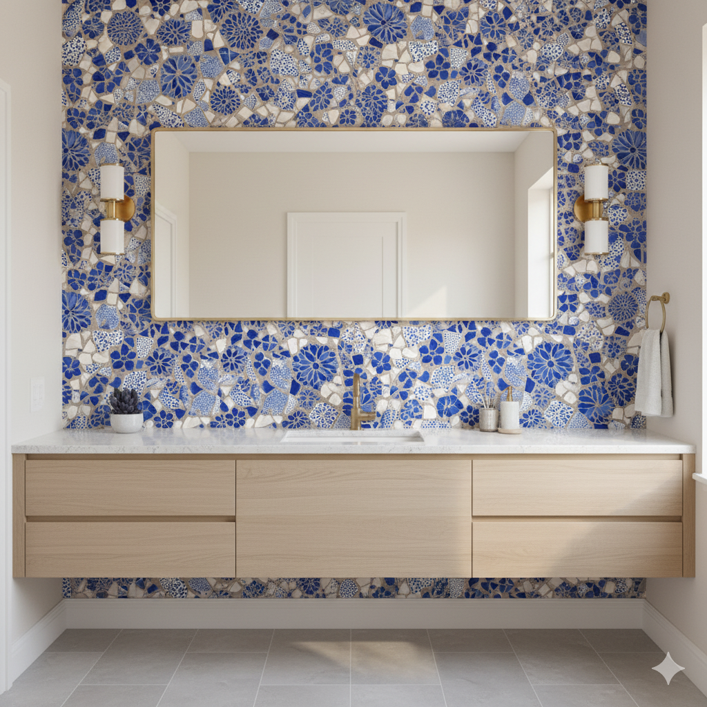 Blue and white floral wallpaper with tile-like pattern, featuring large rectangular mirror and wood vanity.