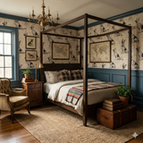 Patterned wallpaper with dog motif, and blue wainscoting, plus antique furniture and a four poster bed.