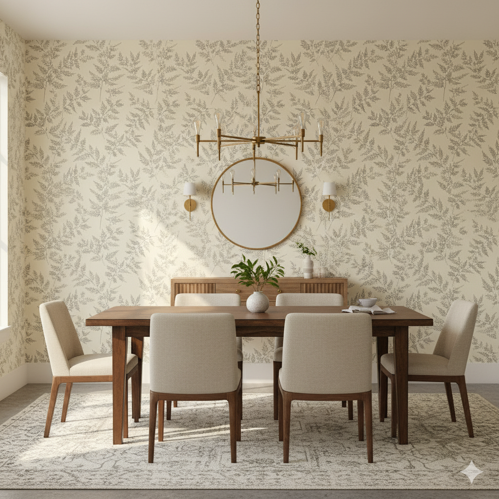 Ash Fern wallpaper with a light, neutral color palette featuring a fern pattern.
