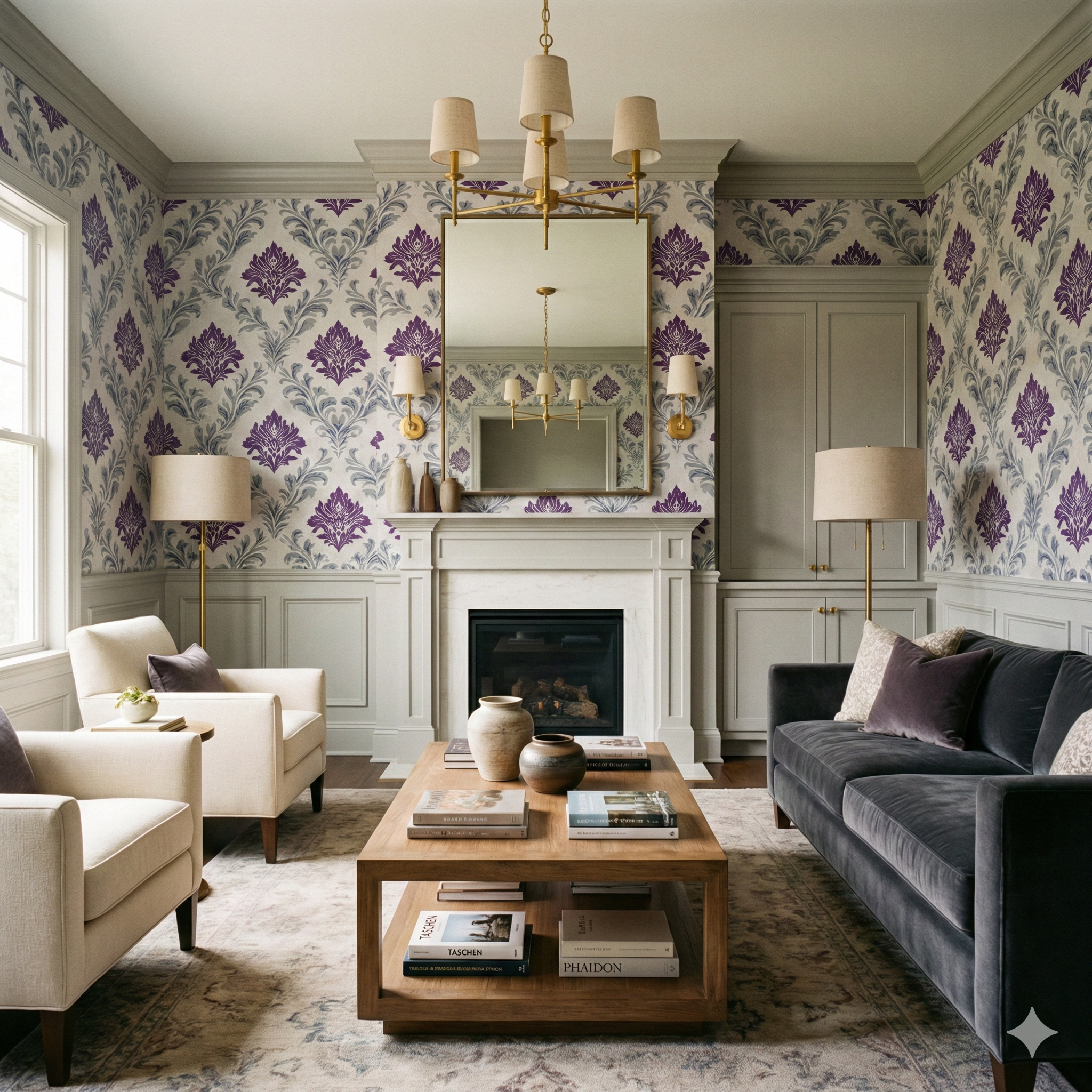 Patterned purple wallpaper with damask print, styled in a living room.