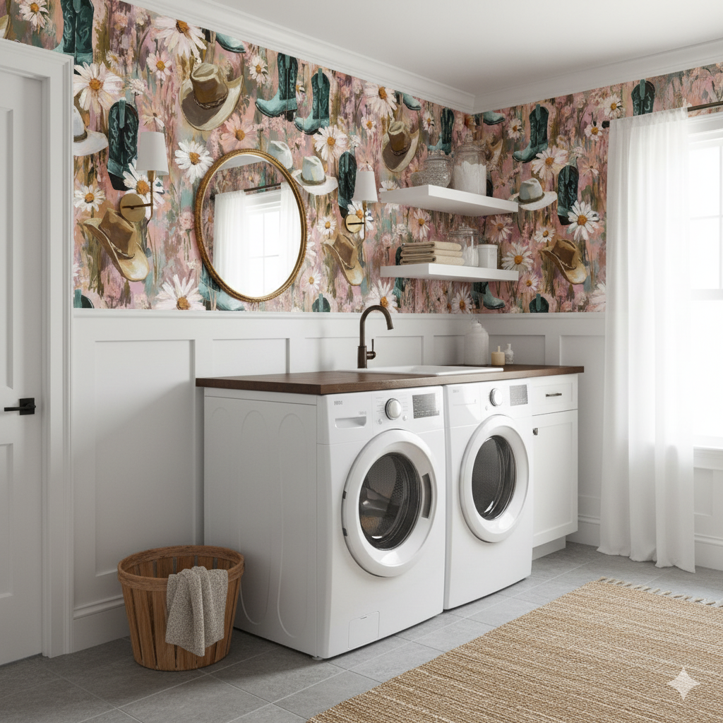 Wildflower Rodeo Wallpaper featuring hats and boots on pink, green and white botanical print.