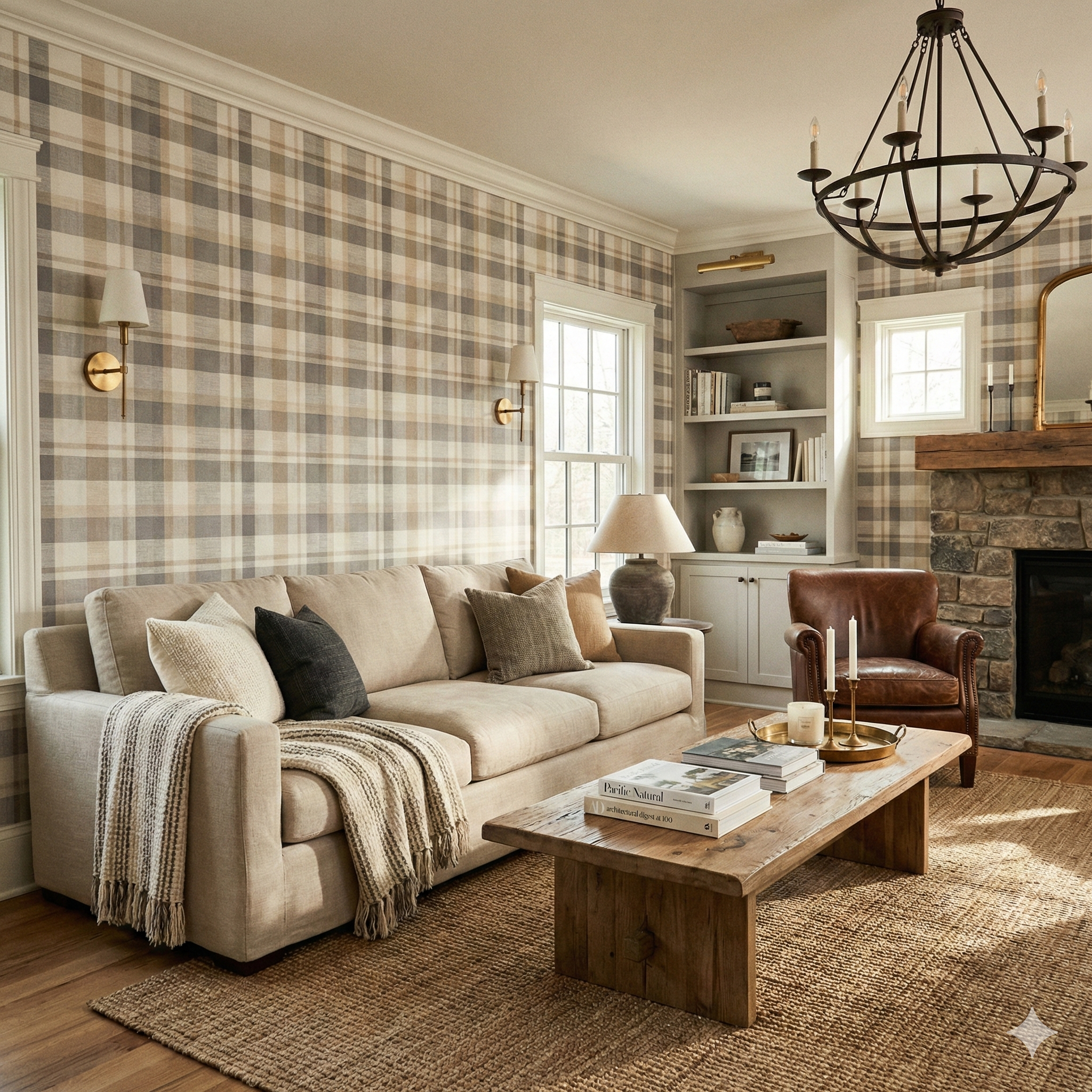 Neutral plaid wallpaper featuring a muted, checkered pattern on the wall behind a sofa.