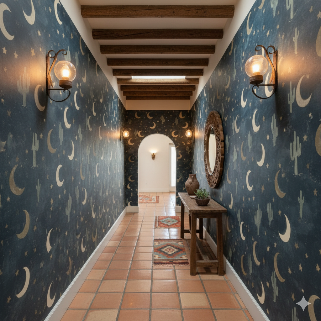 Desert Midnight wallpaper with moon and cactus patterns, texture in a hallway setting.
