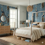 Wharf Rookery Wallpaper with pelican and wood post pattern, textured coastal style.
