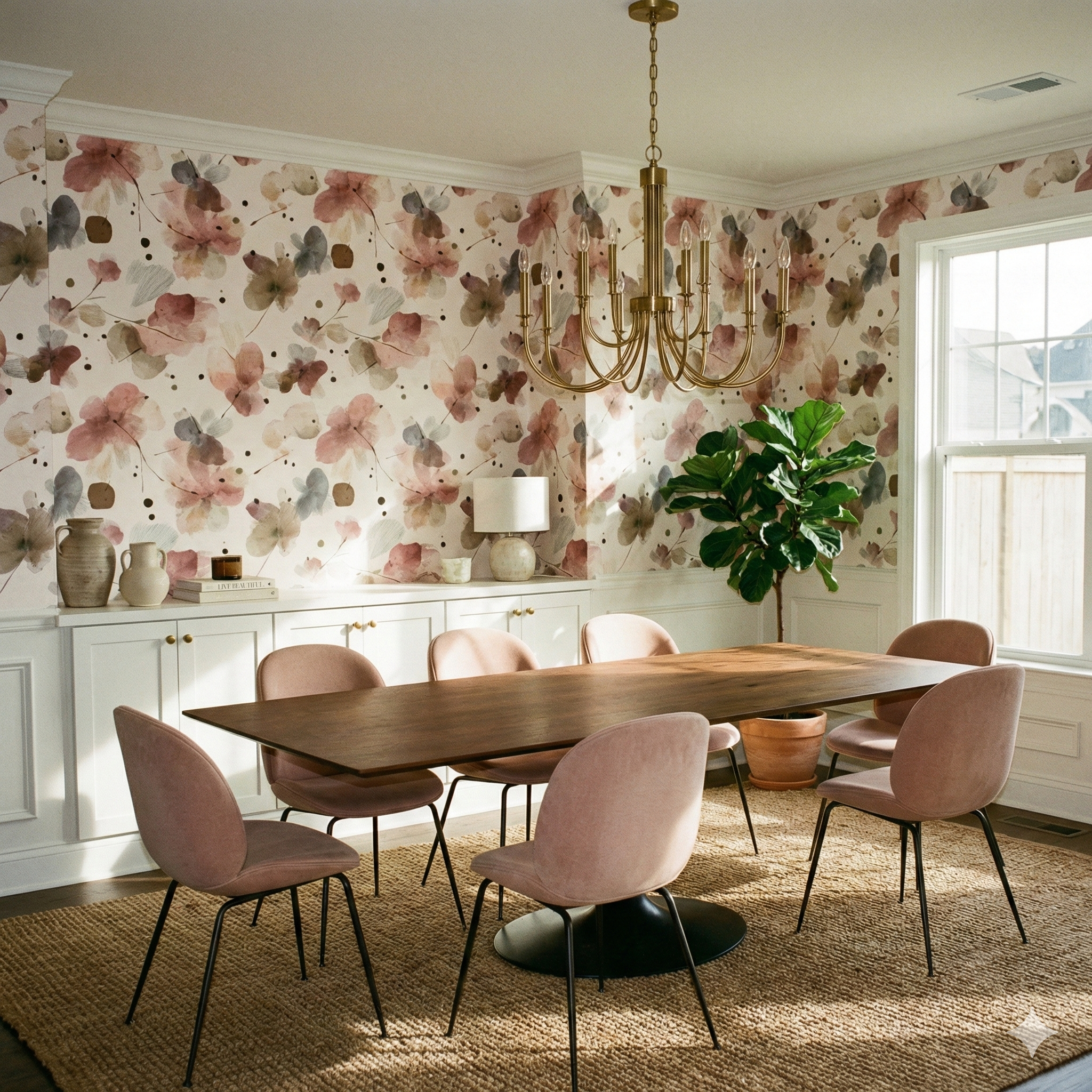 Floral patterned Mira Drift Wallpaper with watercolor texture, covering a dining room wall.