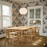Folk & Fire wallpaper featuring a blue and red floral damask pattern.