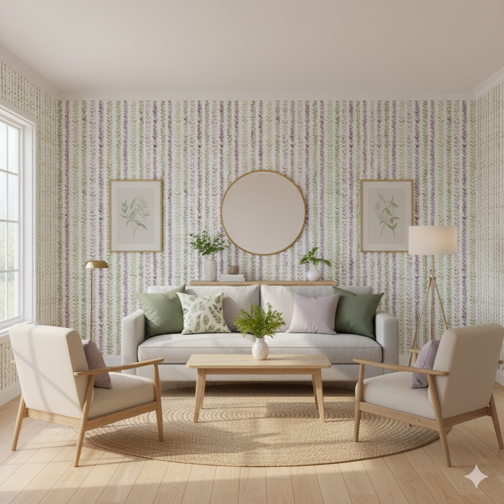 Lavender trellis wallpaper with green and purple leaf pattern, displayed in a styled living room setting.