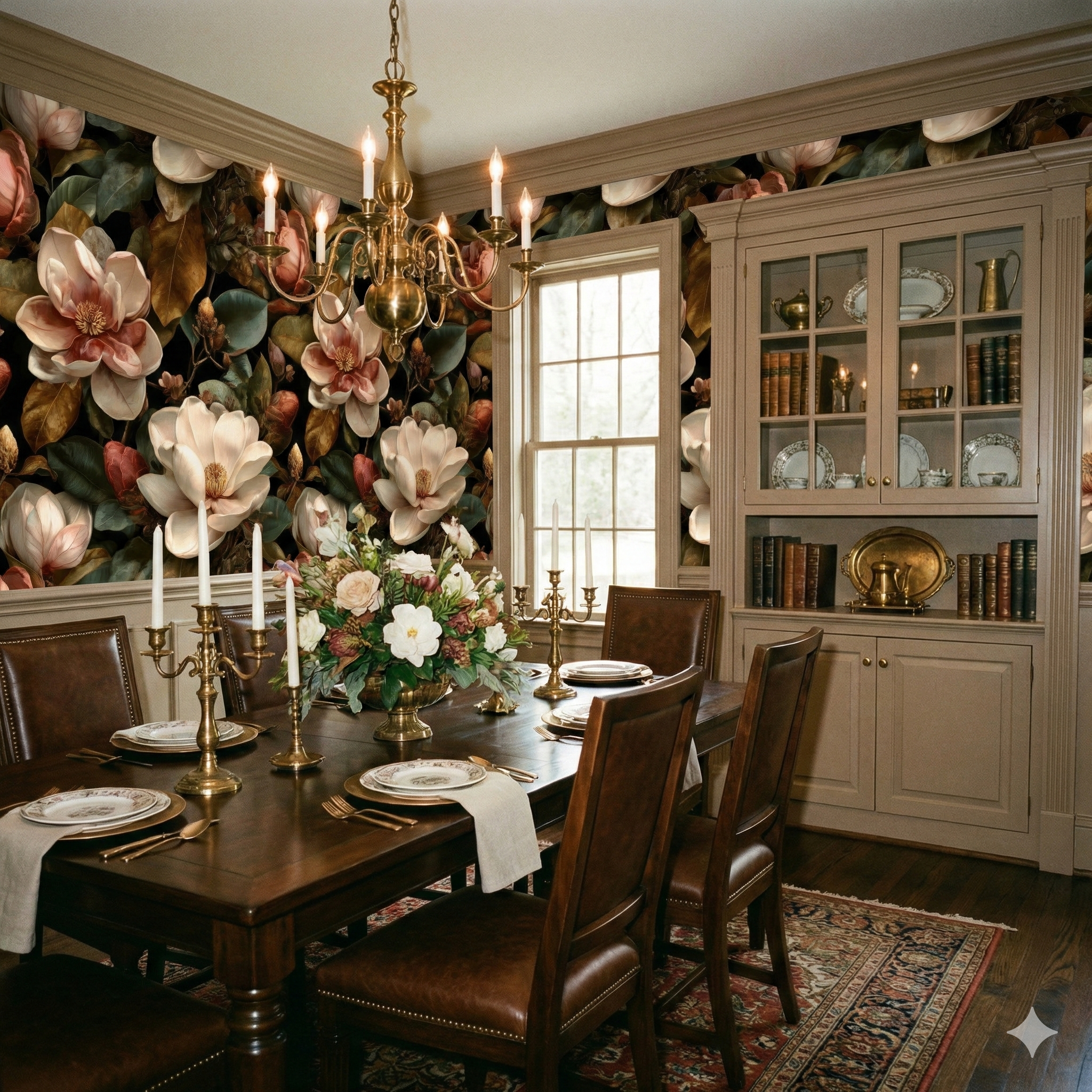 Heirloom Bloom Wallpaper with a large floral pattern, featuring magnolias and leaves.