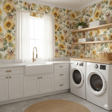 Patterned wallpaper featuring golden retrievers and sunflowers against an off-white backdrop.