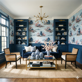 Blue Summit Pagoda wallpaper with a detailed Asian landscape pattern, visible on the walls of a styled living room.
