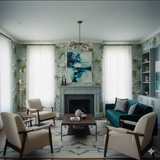 Windborne Lyra Wallpaper with a light blue dog pattern, covering the living room walls around sheer white curtains.